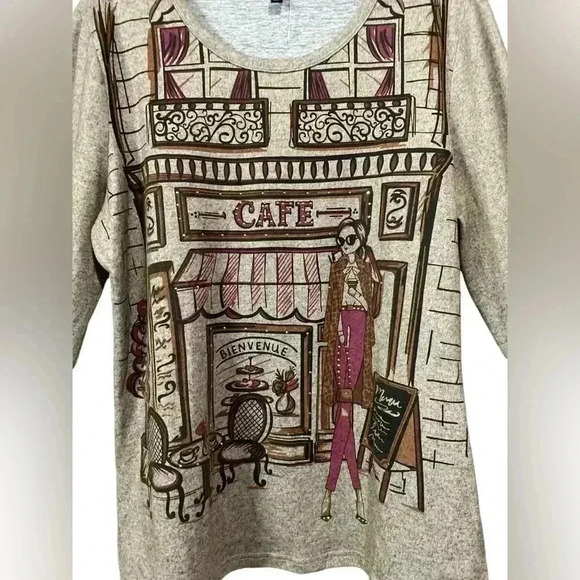 NWOT Linea Domani, Parisian Café Motif Heathered Long-Sleeve Top, Medium, Grey ✨ - Picture 3 of 7